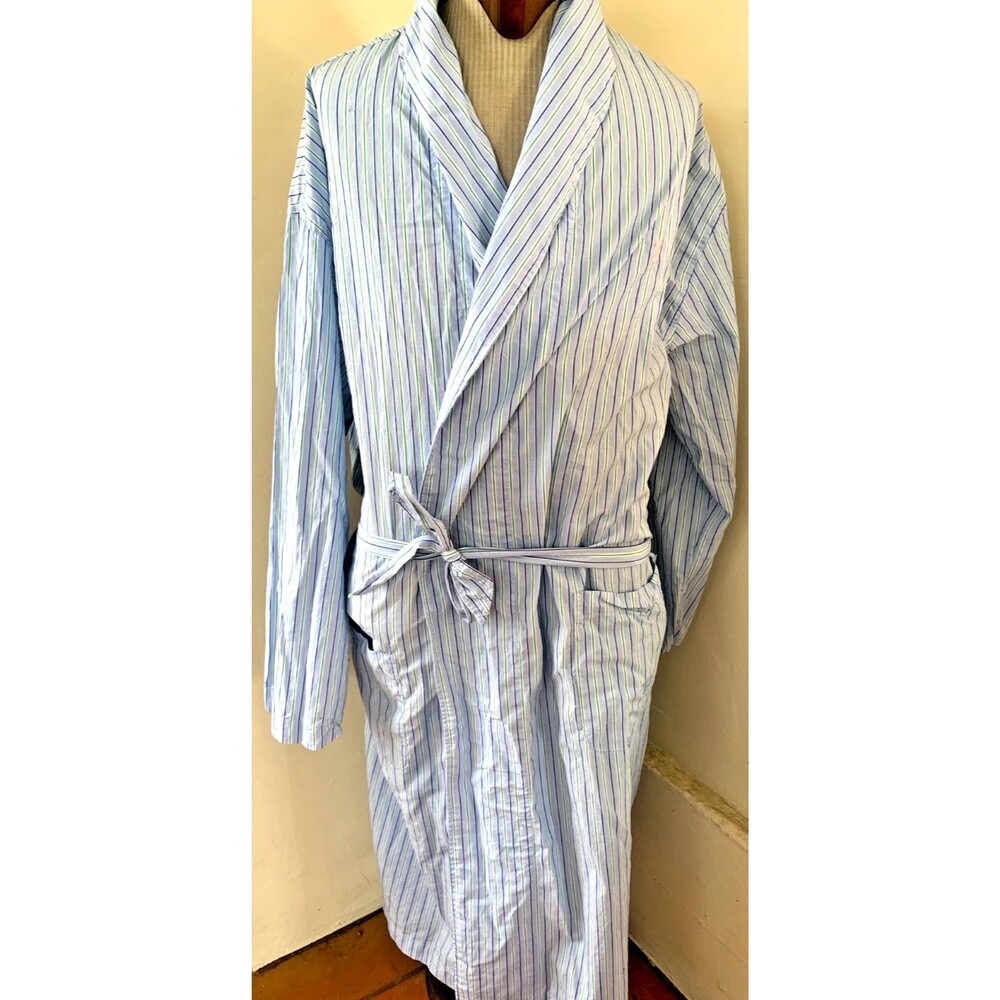 Polo Ralph Lauren Mens Blue White Striped Cotton Lightweight Robe Pockets L/XL